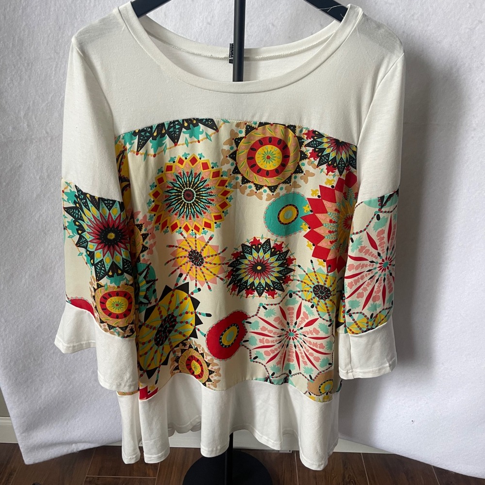 Classic Fashion Womens XXL Boho Mandala Print Bell Sleeve Peplum Top White Multi